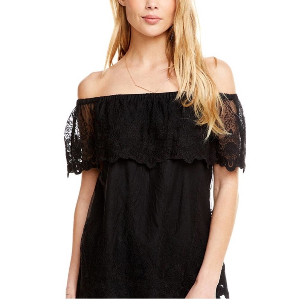 Chaser Lace Flouncy Off The Shoulder Top Black‎ - Picture 6 of 7